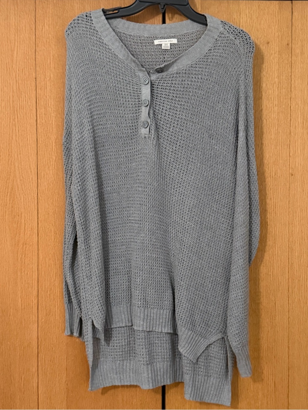American Eagle Outfitters Light Blue Open-Knit Henley Sweater